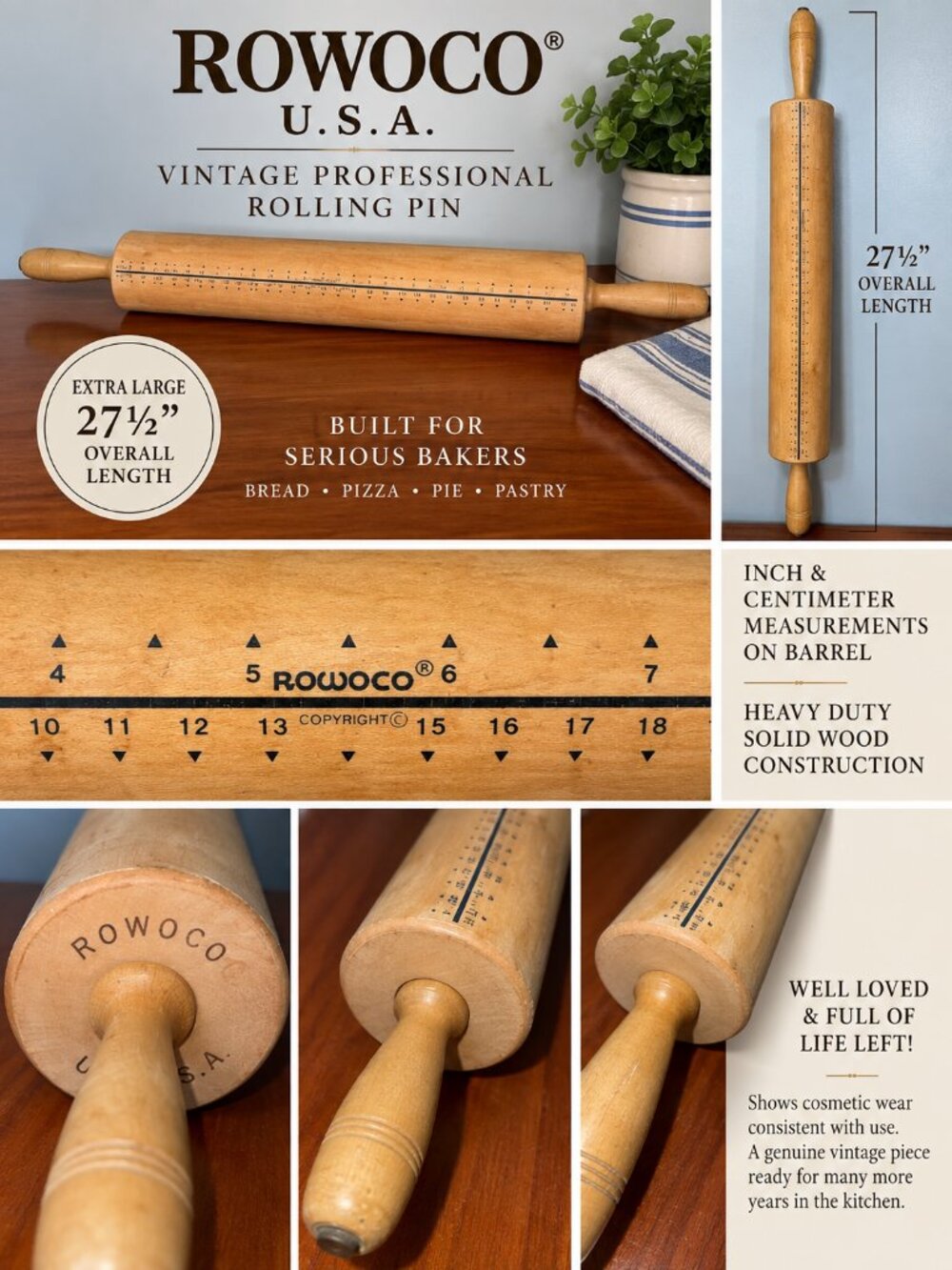 Vintage ROWOCO USA Professional XL Heavy Wood Rolling Pin 27.5” Baker